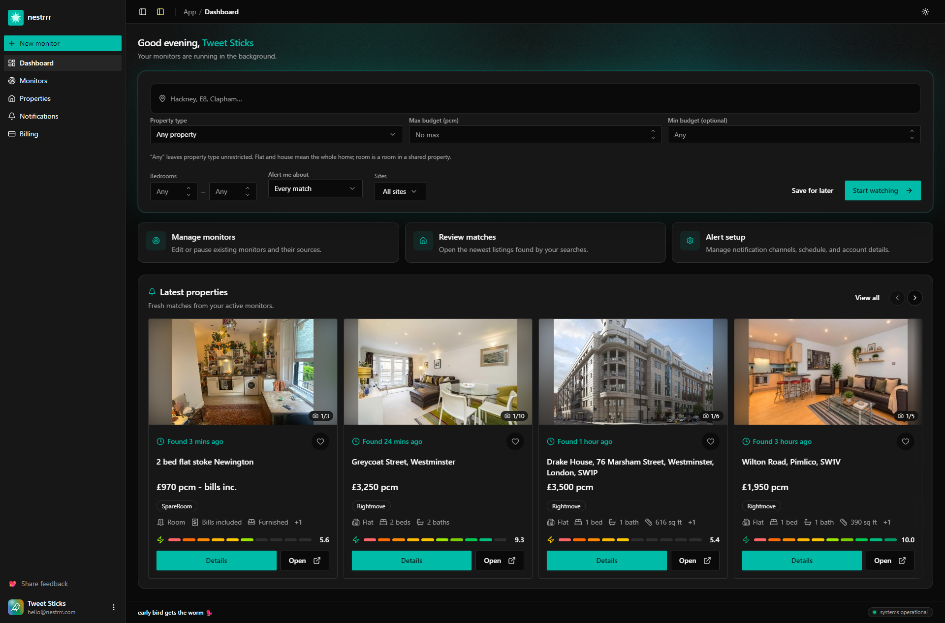 The nestrrr dashboard showing saved rental searches and recent matches