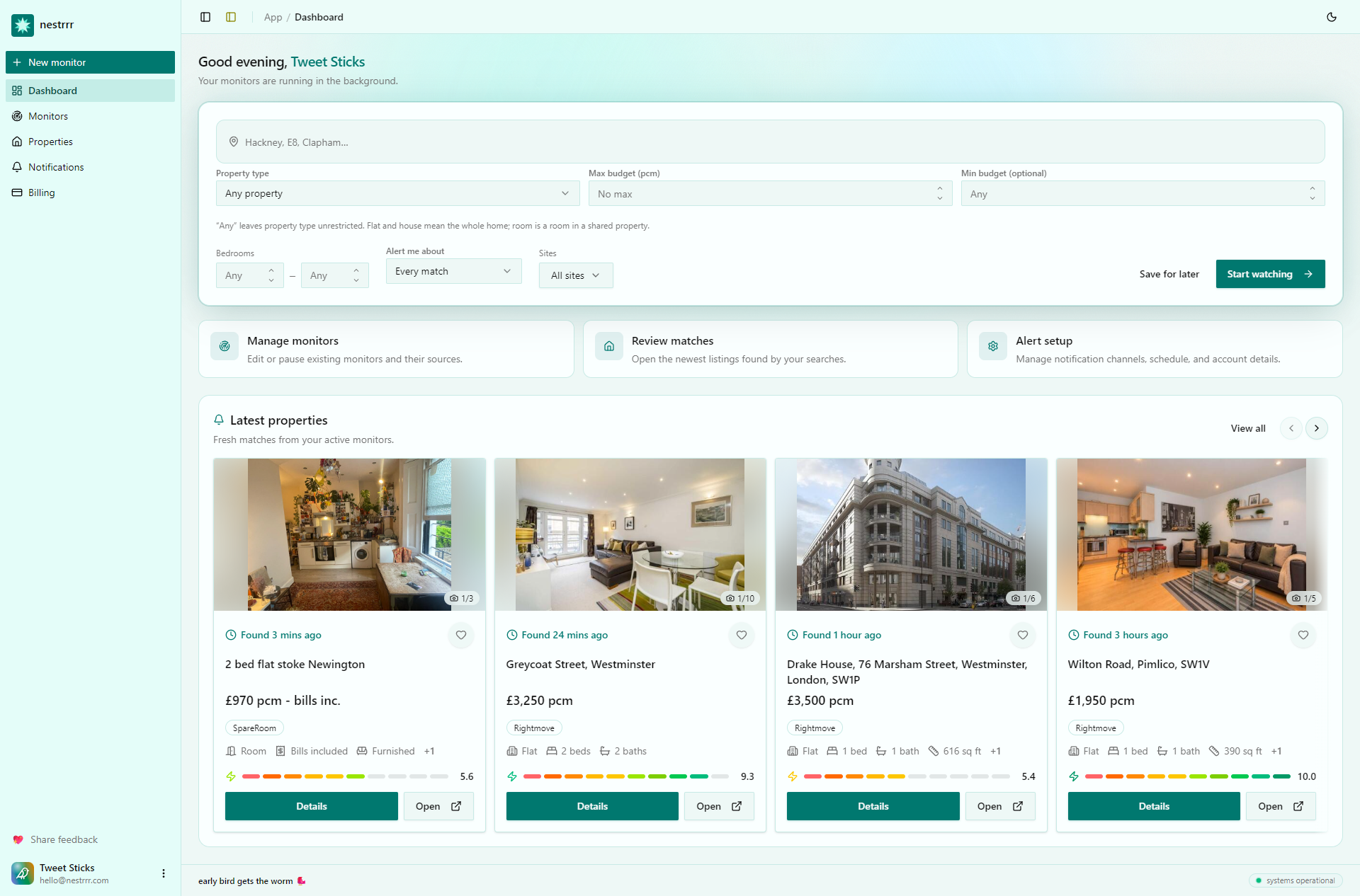The nestrrr dashboard showing saved rental searches and recent matches